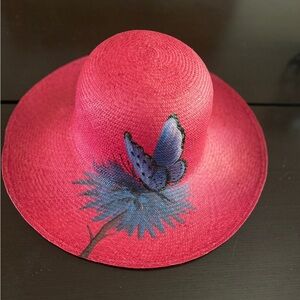 Red Panama Hat with flower and butterfly painting